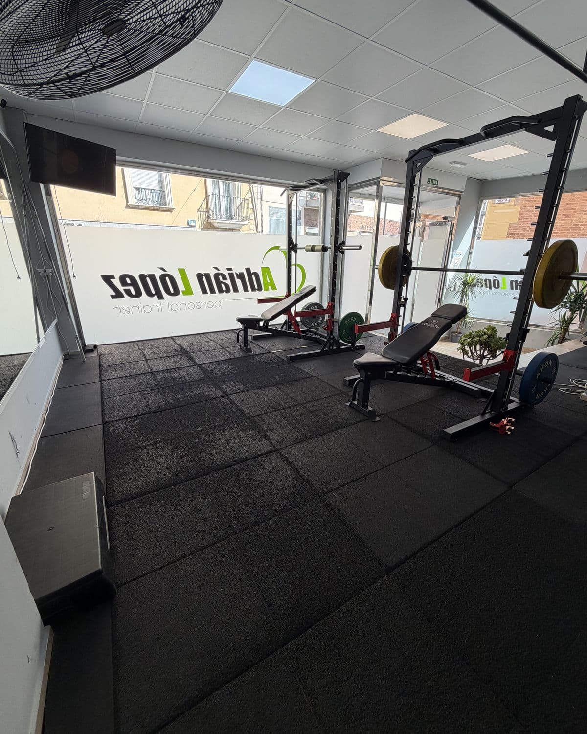 Sala del gimnasio de Adrián López Trainer en Dúrcal, con racks, mancuernas y la luz verde de la marca